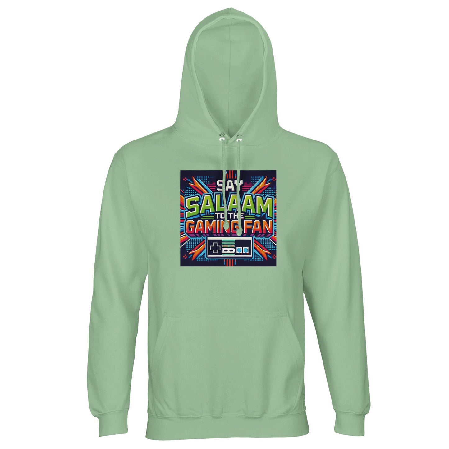 Frozen Green / Opal unisex Islamic hoodie featuring Say Salaam to the Gaming Fan Design #2 graphic. Muslim gamer streetwear crafted from 80% cotton and 20% recycled polyester with brushed fleece lining at 280gsm. Sustainable modest hoodie for esports tournaments, console gaming sessions, PC streaming and Muslim youth gatherings. Combines Islamic identity and gaming culture, perfect for players who greet with salaam beyond GG in competitive online spaces.