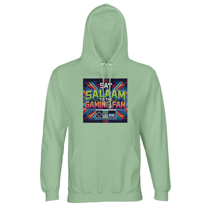 Frozen Green / Opal unisex Islamic hoodie featuring Say Salaam to the Gaming Fan Design #2 graphic. Muslim gamer streetwear crafted from 80% cotton and 20% recycled polyester with brushed fleece lining at 280gsm. Sustainable modest hoodie for esports tournaments, console gaming sessions, PC streaming and Muslim youth gatherings. Combines Islamic identity and gaming culture, perfect for players who greet with salaam beyond GG in competitive online spaces.