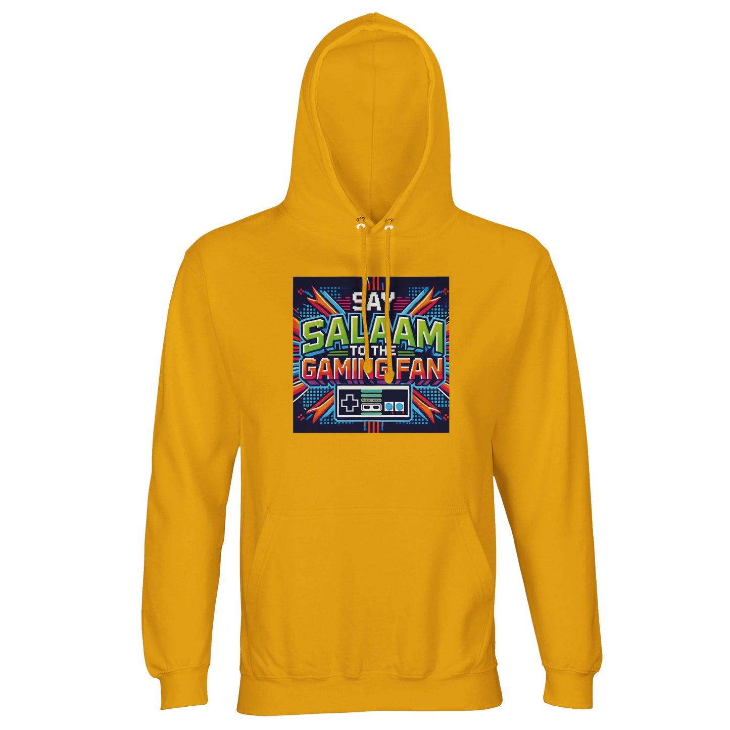 Gold / Gamboge Muslim unisex hoodie featuring Say Salaam Gaming Fan Design #2 graphic. Islamic esports streetwear in 80% cotton and 20% recycled polyester with brushed fleece lining for warmth and comfort. 280gsm substantial weight, sustainable cotton-poly blend. Ideal for console players, PC gamers, FIFA nights, online tournaments and Muslim youth gaming meetups. Modest Islamic hoodie merging gaming culture with faith identity, for streamers & esportsman who greet with salaam, & look for good prices.
