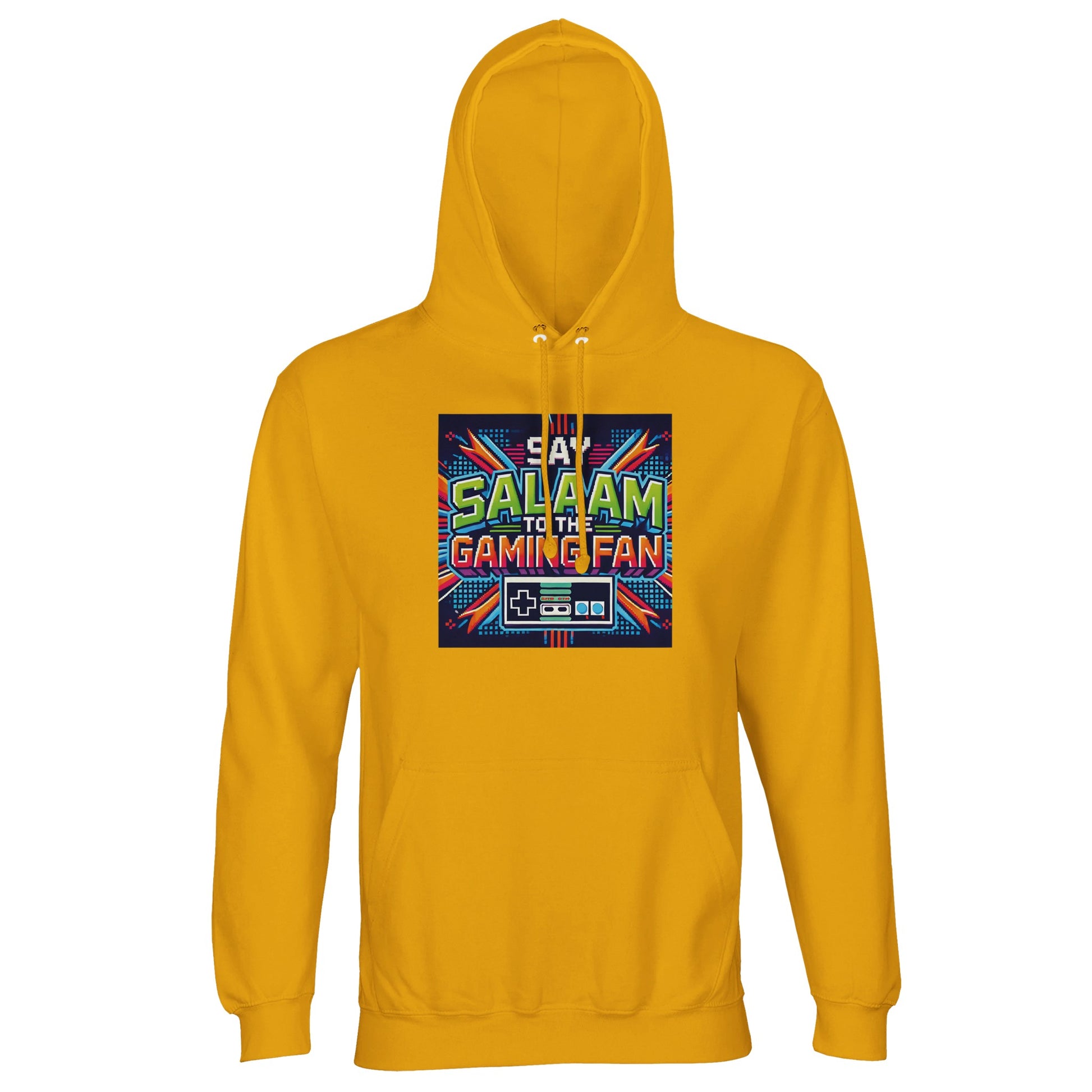 Gold / Gamboge Muslim unisex hoodie featuring Say Salaam Gaming Fan Design #2 graphic. Islamic esports streetwear in 80% cotton and 20% recycled polyester with brushed fleece lining for warmth and comfort. 280gsm substantial weight, sustainable cotton-poly blend. Ideal for console players, PC gamers, FIFA nights, online tournaments and Muslim youth gaming meetups. Modest Islamic hoodie merging gaming culture with faith identity, for streamers & esportsman who greet with salaam, & look for good prices.