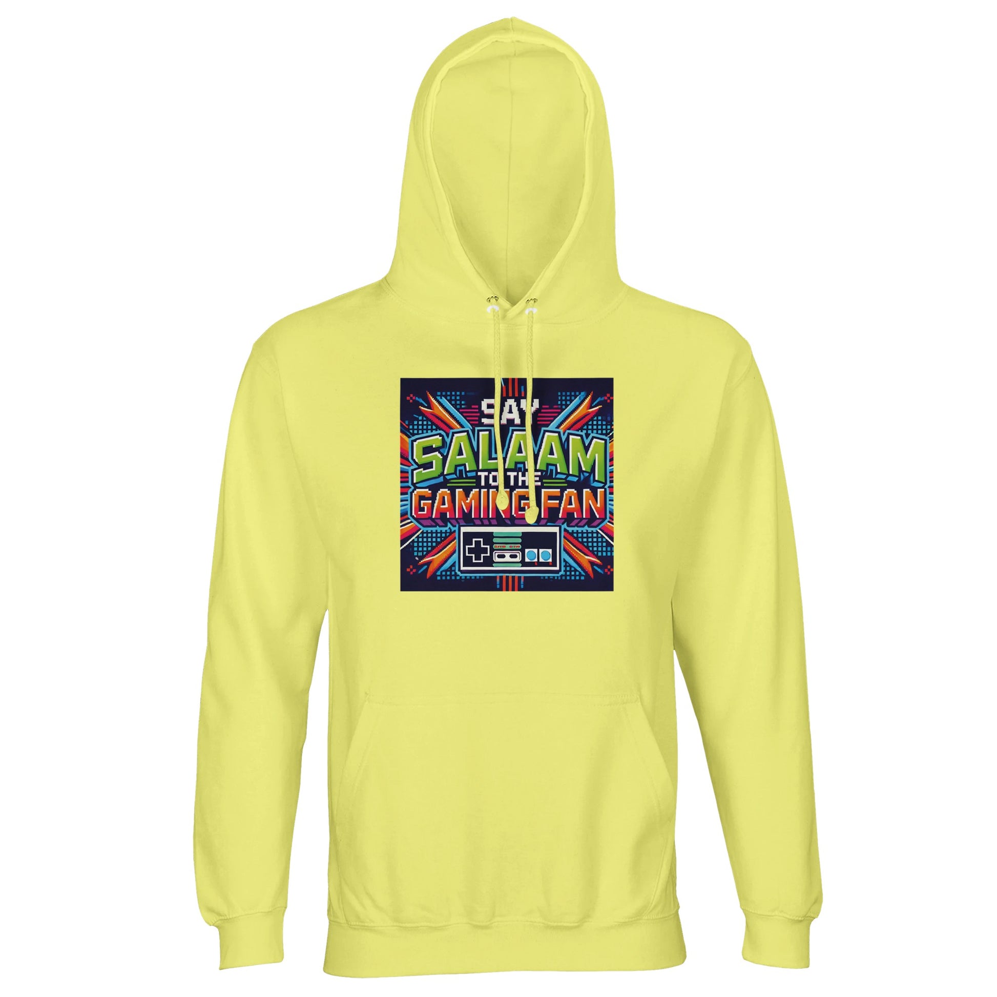 Light Yellow / Lemon Chiffon unisex hoodie with Say Salaam to the Gaming Fan Design #2 print. Muslim and Islamic gaming apparel crafted from 80% cotton and 20% recycled polyester, brushed fleece interior at 280gsm for warmth. Sustainable modest streetwear for esports fans, console gamers, Twitch streamers and Muslim youth. Perfect for gaming tournaments, LAN events and community meetups. Faith-inspired Islamic hoodie celebrating salaam culture within competitive gaming and online esports communities.