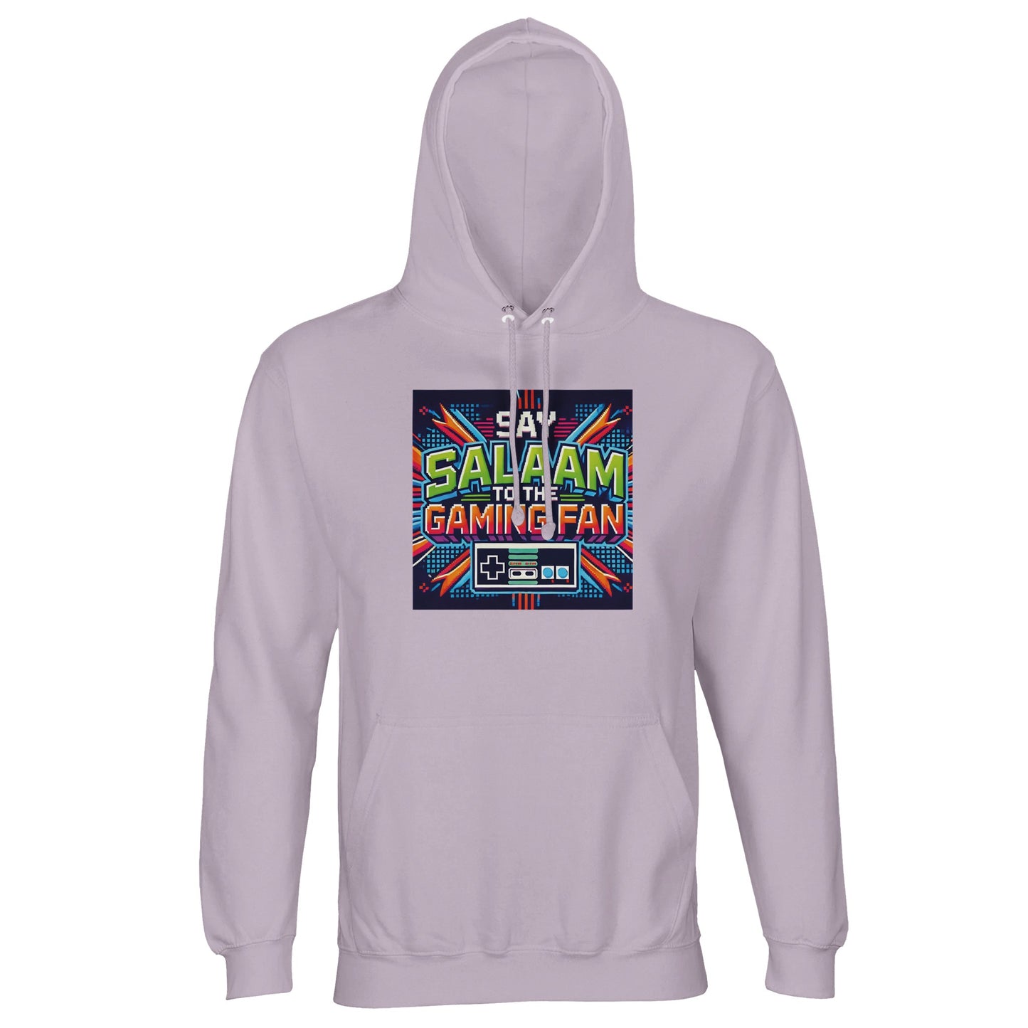 Lilak / Lilac / Wisteria Purple unisex Muslim gaming hoodie with Say Salaam Design #2 print. Islamic esports apparel made from 80% cotton and 20% recycled polyester, brushed fleece interior and 280gsm weight for warmth. Sustainable modest streetwear for console gamers, Twitch streamers and Muslim esports fans. Ideal for tournaments, gaming conventions and youth community events. Faith-inspired Islamic hoodie celebrating salaam within competitive gaming culture.