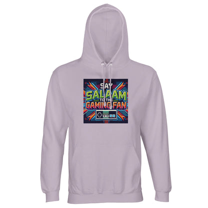 Lilak / Lilac / Wisteria Purple unisex Muslim gaming hoodie with Say Salaam Design #2 print. Islamic esports apparel made from 80% cotton and 20% recycled polyester, brushed fleece interior and 280gsm weight for warmth. Sustainable modest streetwear for console gamers, Twitch streamers and Muslim esports fans. Ideal for tournaments, gaming conventions and youth community events. Faith-inspired Islamic hoodie celebrating salaam within competitive gaming culture.