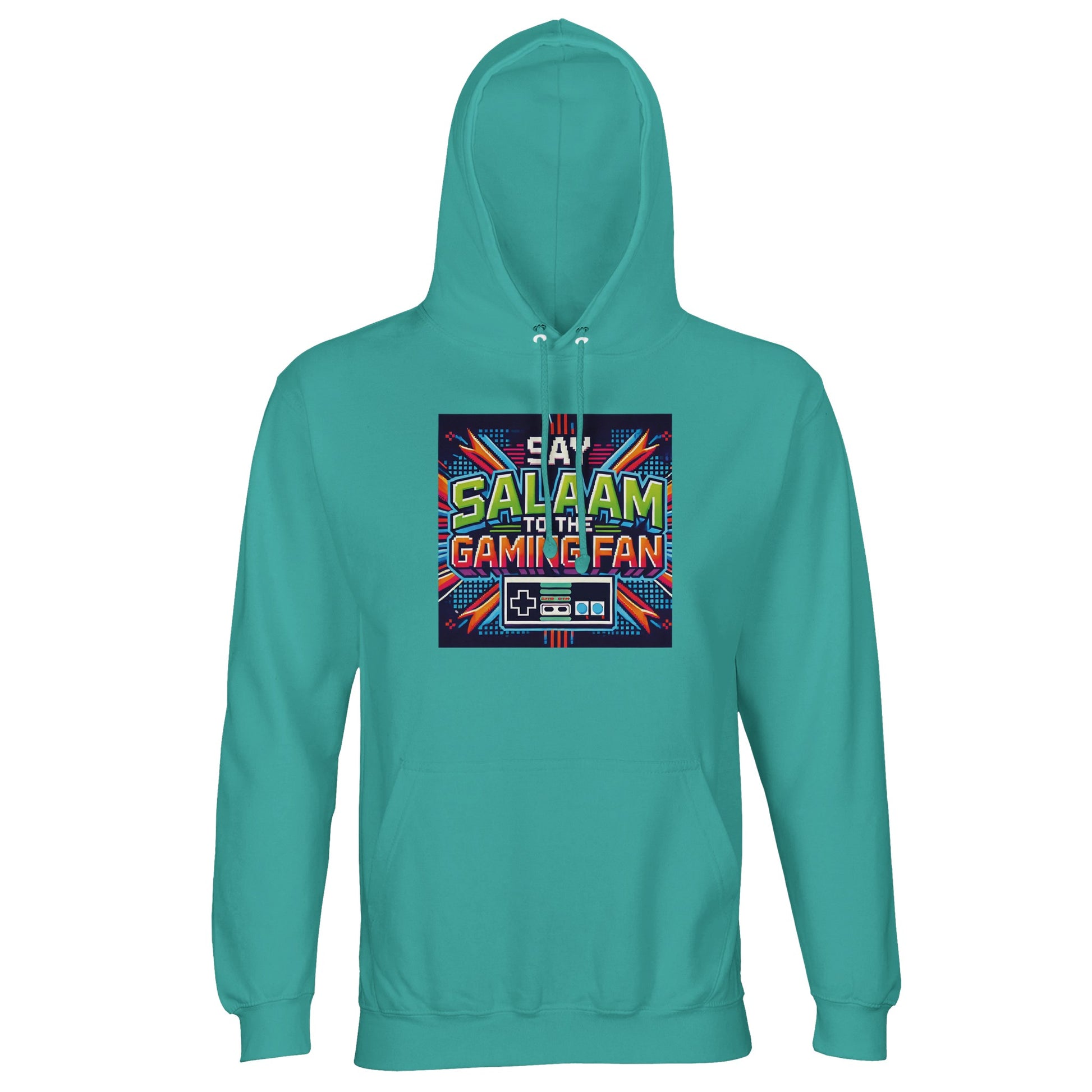 Pool Blue / Light Sea Green Islamic unisex hoodie featuring Say Salaam to the Gaming Fan Design #2 graphic. Muslim gaming streetwear crafted from 80% cotton and 20% recycled polyester with brushed fleece lining, 280gsm structure. Sustainable modest hoodie for esports tournaments, console gaming, PC streaming and Muslim youth events. Blends Islamic identity and gaming culture, ideal for players who greet with salaam in online and offline competitive spaces.