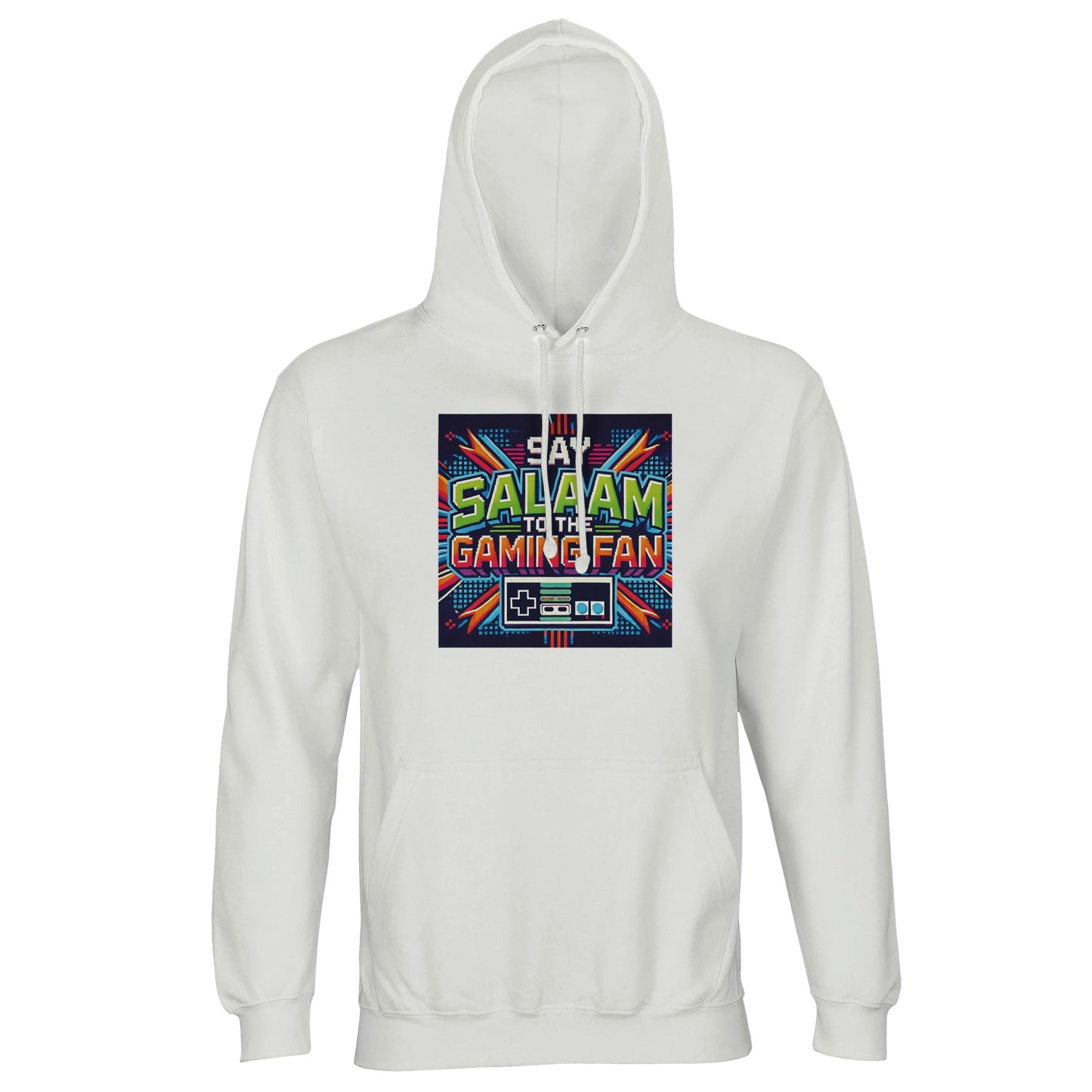 White / Platinum unisex hoodie featuring Say Salaam to the Gaming Fan Design #2 graphic. Gaming streetwear blending esports culture with faith identity. 80% cotton and 20% recycled polyester with brushed fleece lining, 280gsm weight for warmth and structure. Modest Islamic hoodie for gamers who say salaam instead of just GG. Sustainable cotton-poly blend perfect for Twitch streaming, console tournaments, youth groups and Muslim gamer communities. Relaxed fit, everyday halal street style for esports fans.