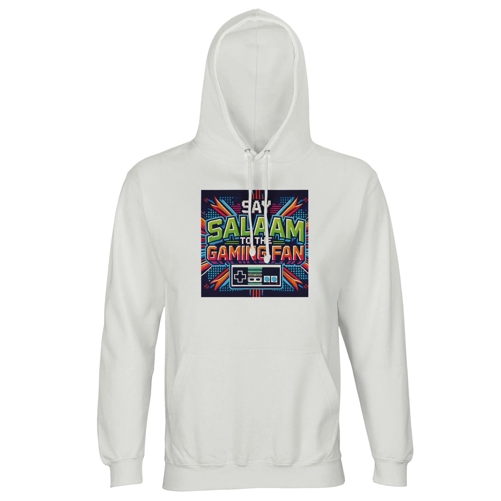 White / Platinum unisex hoodie featuring Say Salaam to the Gaming Fan Design #2 graphic. Gaming streetwear blending esports culture with faith identity. 80% cotton and 20% recycled polyester with brushed fleece lining, 280gsm weight for warmth and structure. Modest Islamic hoodie for gamers who say salaam instead of just GG. Sustainable cotton-poly blend perfect for Twitch streaming, console tournaments, youth groups and Muslim gamer communities. Relaxed fit, everyday halal street style for esports fans.