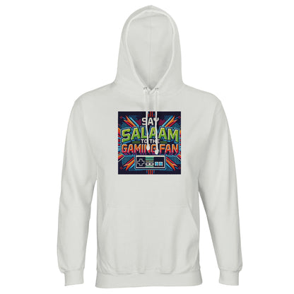 White / Platinum unisex hoodie featuring Say Salaam to the Gaming Fan Design #2 graphic. Gaming streetwear blending esports culture with faith identity. 80% cotton and 20% recycled polyester with brushed fleece lining, 280gsm weight for warmth and structure. Modest Islamic hoodie for gamers who say salaam instead of just GG. Sustainable cotton-poly blend perfect for Twitch streaming, console tournaments, youth groups and Muslim gamer communities. Relaxed fit, everyday halal street style for esports fans.