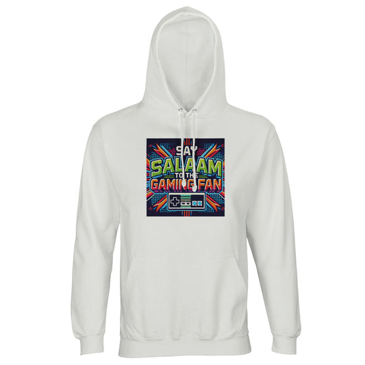 White / Platinum unisex hoodie featuring Say Salaam to the Gaming Fan Design #2 graphic. Gaming streetwear blending esports culture with faith identity. 80% cotton and 20% recycled polyester with brushed fleece lining, 280gsm weight for warmth and structure. Modest Islamic hoodie for gamers who say salaam instead of just GG. Sustainable cotton-poly blend perfect for Twitch streaming, console tournaments, youth groups and Muslim gamer communities. Relaxed fit, everyday halal street style for esports fans.