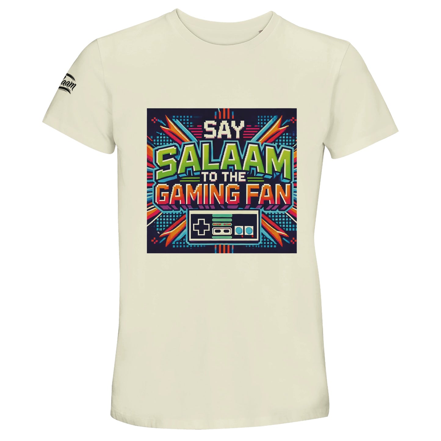Natural / Moon Mist / Satin Linen / Beige Islamic unisex 50% recycled cotton T-shirt featuring Say Salaam to the Gaming Fan Design #2 graphic of a Nintendo NES control pad. Muslim gaming apparel made from 100% cotton offering breathable comfort and relaxed everyday fit. Ethical modest streetwear ideal for esports competitions, PlayStation tournaments, Xbox battles, PC streaming and Muslim youth gatherings. Connects Islamic values with gaming culture for players who open matches with salaam.