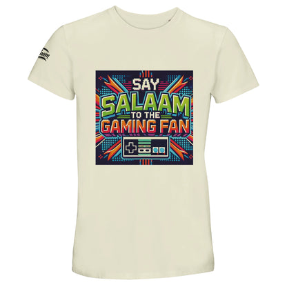 Natural / Moon Mist / Satin Linen / Beige Islamic unisex 50% recycled cotton T-shirt featuring Say Salaam to the Gaming Fan Design #2 graphic of a Nintendo NES control pad. Muslim gaming apparel made from 100% cotton offering breathable comfort and relaxed everyday fit. Ethical modest streetwear ideal for esports competitions, PlayStation tournaments, Xbox battles, PC streaming and Muslim youth gatherings. Connects Islamic values with gaming culture for players who open matches with salaam.
