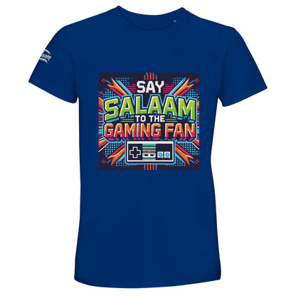 Royal Blue / Dark Midnight Blue Islamic unisex 50% recycled cotton T-shirt featuring Say Salaam to the Gaming Fan Design #2 artwork. Muslim gaming apparel made from 100% cotton (50% recycled cotton – 50% cotton) offering breathable comfort and structured crew neck style. Sustainable modest streetwear ideal for esports tournaments, console gaming nights, PC streaming setups and Muslim youth conventions. Reflects Islamic identity within competitive gaming culture.