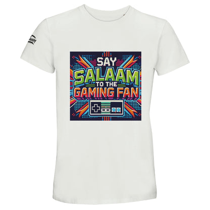 White / Platinum Islamic unisex 50% recycled cotton T-shirt featuring Say Salaam to the Gaming Fan Design #2 graphic of a retro Nintendo controller. Muslim gaming streetwear crafted from 100% cotton with soft breathable fabric and classic short-sleeve crew neck fit. Sustainable modest T-shirt designed for esports tournaments, console gaming sessions, PC streaming, youth halaqah meetups and Muslim community events. Blends Islamic identity and gaming culture for players who greet with salaam online & offline.