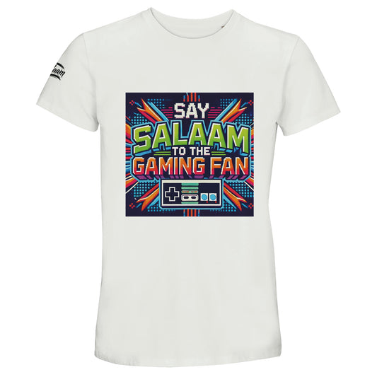White / Platinum Islamic unisex 50% recycled cotton T-shirt featuring Say Salaam to the Gaming Fan Design #2 graphic of a retro Nintendo controller. Muslim gaming streetwear crafted from 100% cotton with soft breathable fabric and classic short-sleeve crew neck fit. Sustainable modest T-shirt designed for esports tournaments, console gaming sessions, PC streaming, youth halaqah meetups and Muslim community events. Blends Islamic identity and gaming culture for players who greet with salaam online & offline.