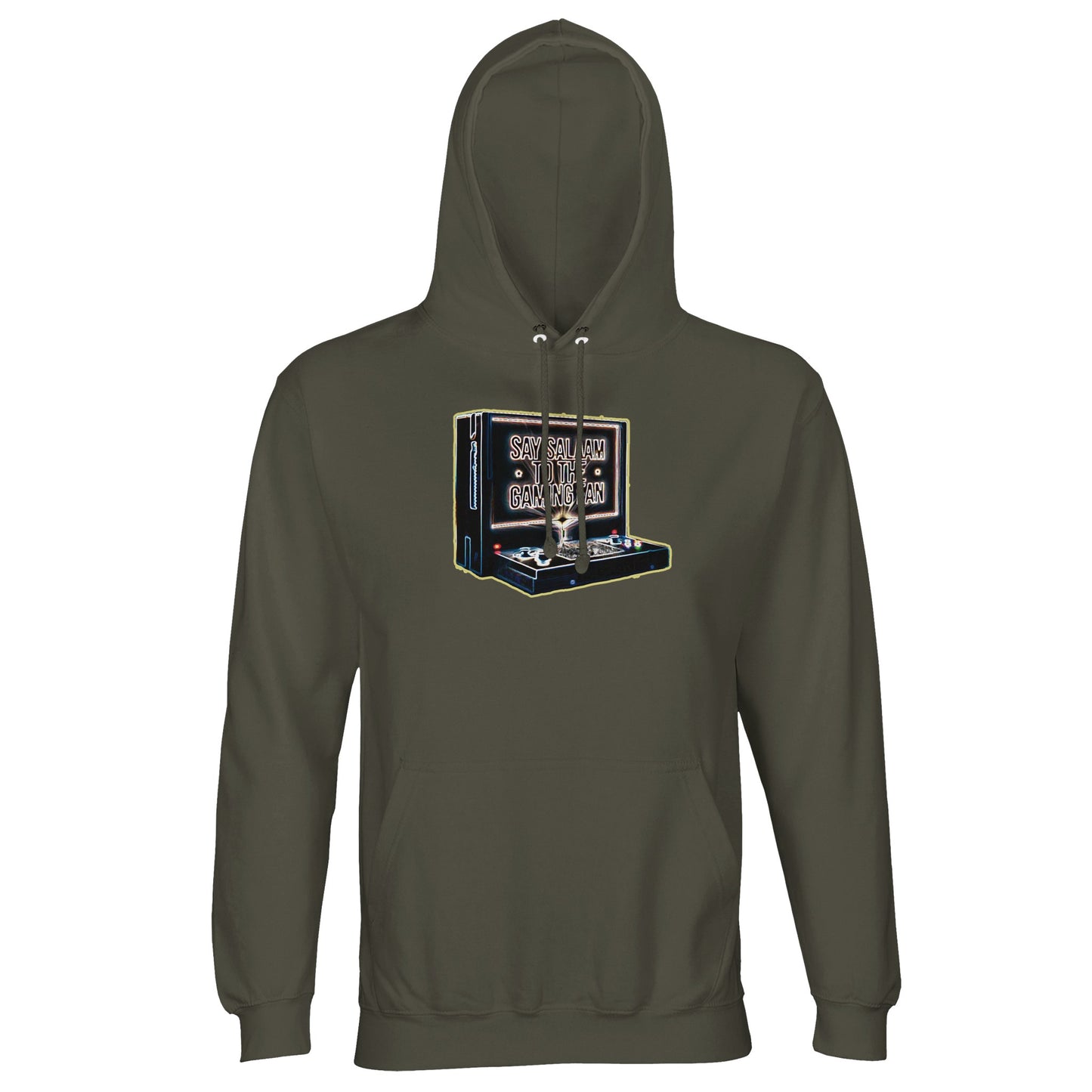Say Salaam to the Gaming Fan Design #3 Islamic Muslim gaming hoodie jumper in Army / Fuscous Grey. Built from a durable cotton-poly fleece blend with brushed lining, ribbed cuffs and a structured hood, this Islamic streetwear hoodie is made for Muslim gamers immersed in esports and multiplayer culture. Comfortable enough for long console sessions & competitive PC play, it transitions easily to everyday wear. A versatile gamer jumper at a good price for FIFA tournaments, Call of Duty matches & online gaming.