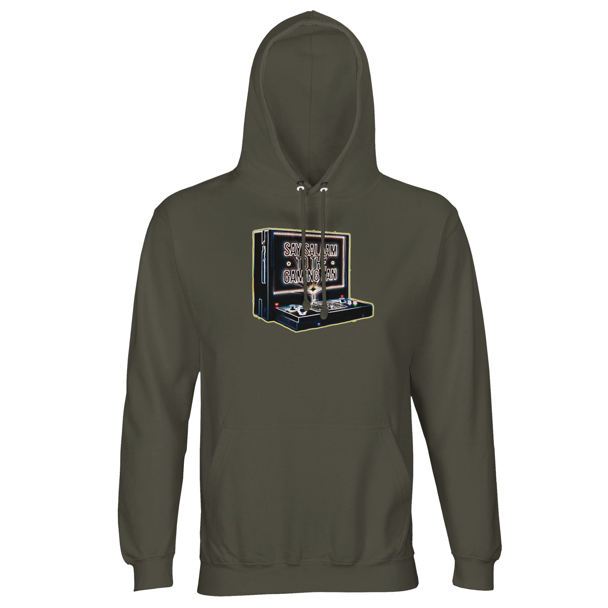 Say Salaam to the Gaming Fan Design #3 Islamic Muslim gaming hoodie jumper in Army / Fuscous Grey. Built from a durable cotton-poly fleece blend with brushed lining, ribbed cuffs and a structured hood, this Islamic streetwear hoodie is made for Muslim gamers immersed in esports and multiplayer culture. Comfortable enough for long console sessions & competitive PC play, it transitions easily to everyday wear. A versatile gamer jumper at a good price for FIFA tournaments, Call of Duty matches & online gaming.