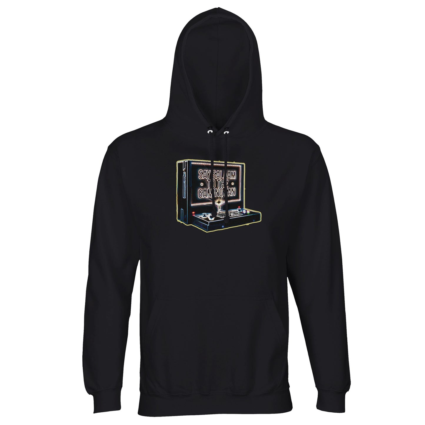 Say Salaam to the Gaming Fan Design #3 Islamic Muslim gaming hoodie jumper in Black / Deep Black / Zeus. Built from a durable cotton-poly fleece blend with brushed lining and ribbed detailing, this Islamic gaming hoodie is designed for Muslim esports fans and console players alike. Comfortable for long PC sessions, streaming setups and multiplayer tournaments, it balances modest Islamic streetwear with gaming identity. A dependable jumper at a good price for PlayStation, Xbox, FIFA and Call of Duty.