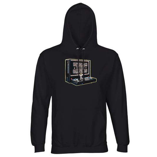 Say Salaam to the Gaming Fan Design #3 Islamic Muslim gaming hoodie jumper in Black / Deep Black / Zeus. Built from a durable cotton-poly fleece blend with brushed lining and ribbed detailing, this Islamic gaming hoodie is designed for Muslim esports fans and console players alike. Comfortable for long PC sessions, streaming setups and multiplayer tournaments, it balances modest Islamic streetwear with gaming identity. A dependable jumper at a good price for PlayStation, Xbox, FIFA and Call of Duty.