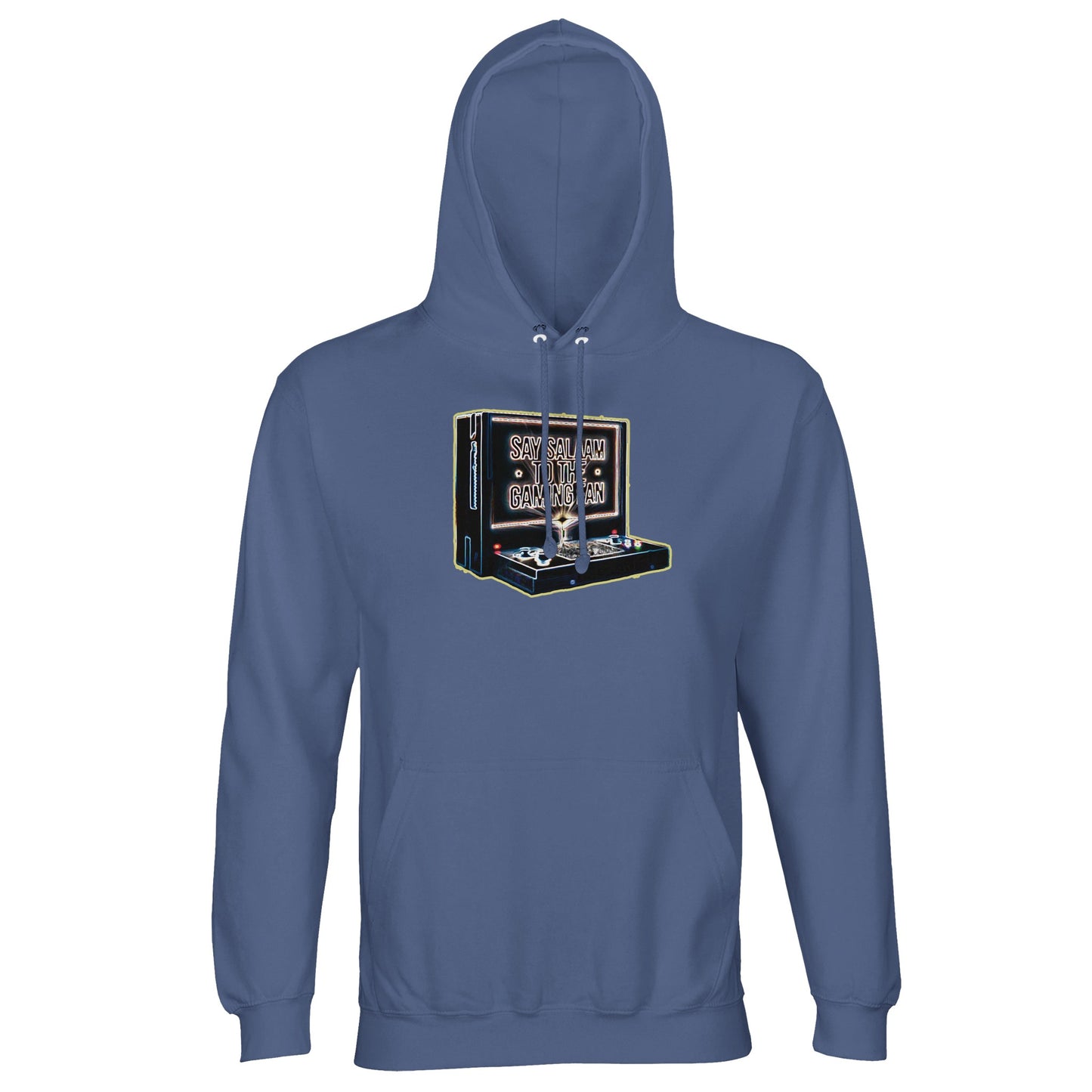 Say Salaam to the Gaming Fan Design #3 Islamic Muslim gaming hoodie jumper in Blue / Marble Blue / Blue-Grey / Waikawa Grey. Featuring a part-recycled cotton-poly blend, brushed fleece warmth and a lined hood with ribbed hem, this Muslim gaming hoodie balances modest Islamic style with esports edge. Designed for console culture, online multiplayer and PC competition, it suits streaming nights. A reliable Islamic jumper at a good price for PlayStation, Xbox, FIFA, Call of Duty and everyday gamer streetwear.
