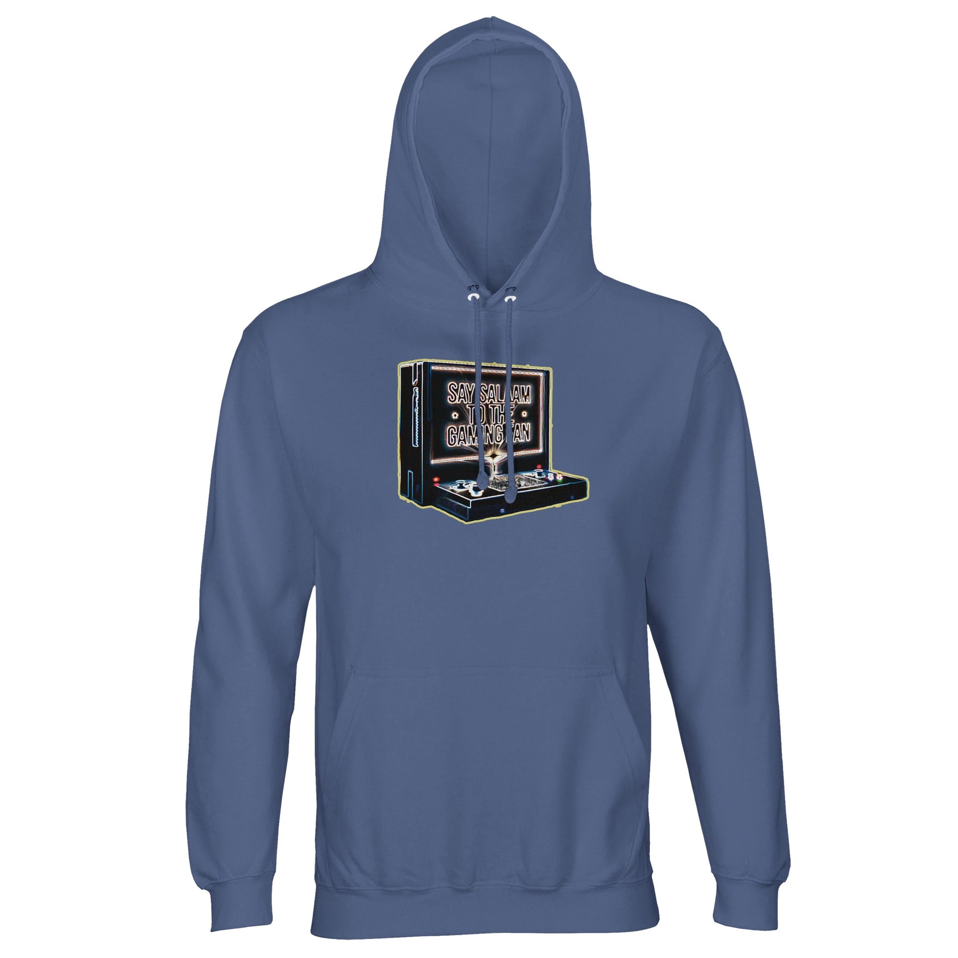 Say Salaam to the Gaming Fan Design #3 Islamic Muslim gaming hoodie jumper in Blue / Marble Blue / Blue-Grey / Waikawa Grey. Featuring a part-recycled cotton-poly blend, brushed fleece warmth and a lined hood with ribbed hem, this Muslim gaming hoodie balances modest Islamic style with esports edge. Designed for console culture, online multiplayer and PC competition, it suits streaming nights. A reliable Islamic jumper at a good price for PlayStation, Xbox, FIFA, Call of Duty and everyday gamer streetwear.