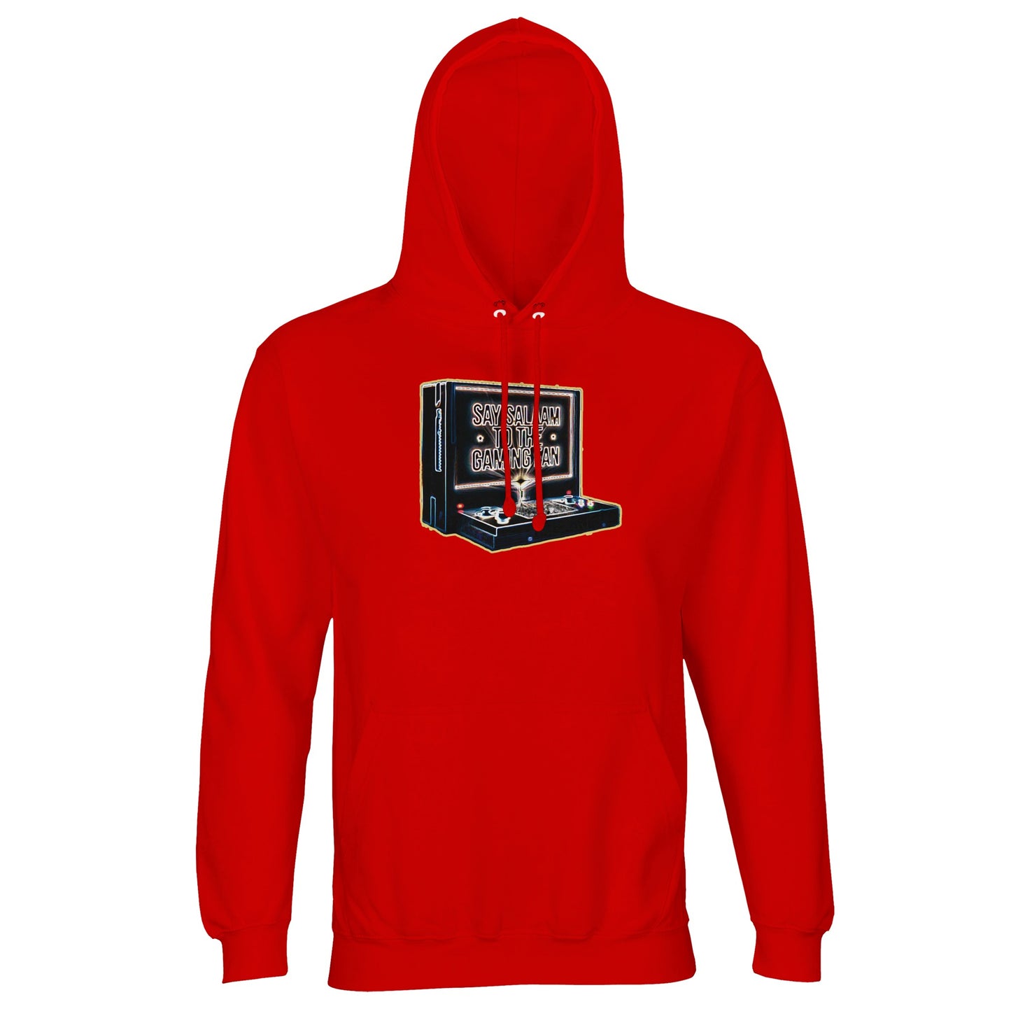Say Salaam to the Gaming Fan Design #3 Islamic Muslim gaming hoodie jumper in Bright Red / Rosso Corsa. Made with a comfortable cotton-poly fleece blend and brushed interior, this Islamic gaming hoodie offers ribbed cuffs, a lined hood & a structured fit for everyday wear. Perfect for Muslim gamers active in esports tournaments, multiplayer lobbies and streaming setups, it pairs bold colour with console energy. A warm Islamic jumper at a good price for PlayStation, Xbox, FIFA, Call of Duty & online gaming.