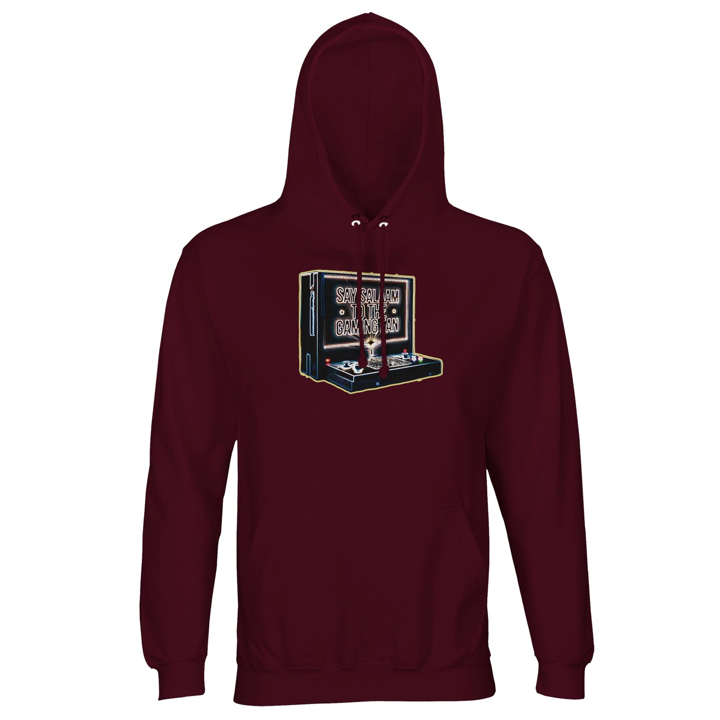 Say Salaam to the Gaming Fan Design #3 Islamic Muslim gaming hoodie jumper in Burgundy / Dark Sienna. Made from a part-recycled cotton-poly fleece blend with brushed interior, lined hood and ribbed hem, this Islamic gamer hoodie supports comfort across extended gaming sessions. Designed for Muslim esports enthusiasts and console players on PlayStation, Xbox and PC, it merges Islamic streetwear with multiplayer culture. A rich-toned Islamic jumper at a good price for FIFA tournaments & Call of Duty matches.
