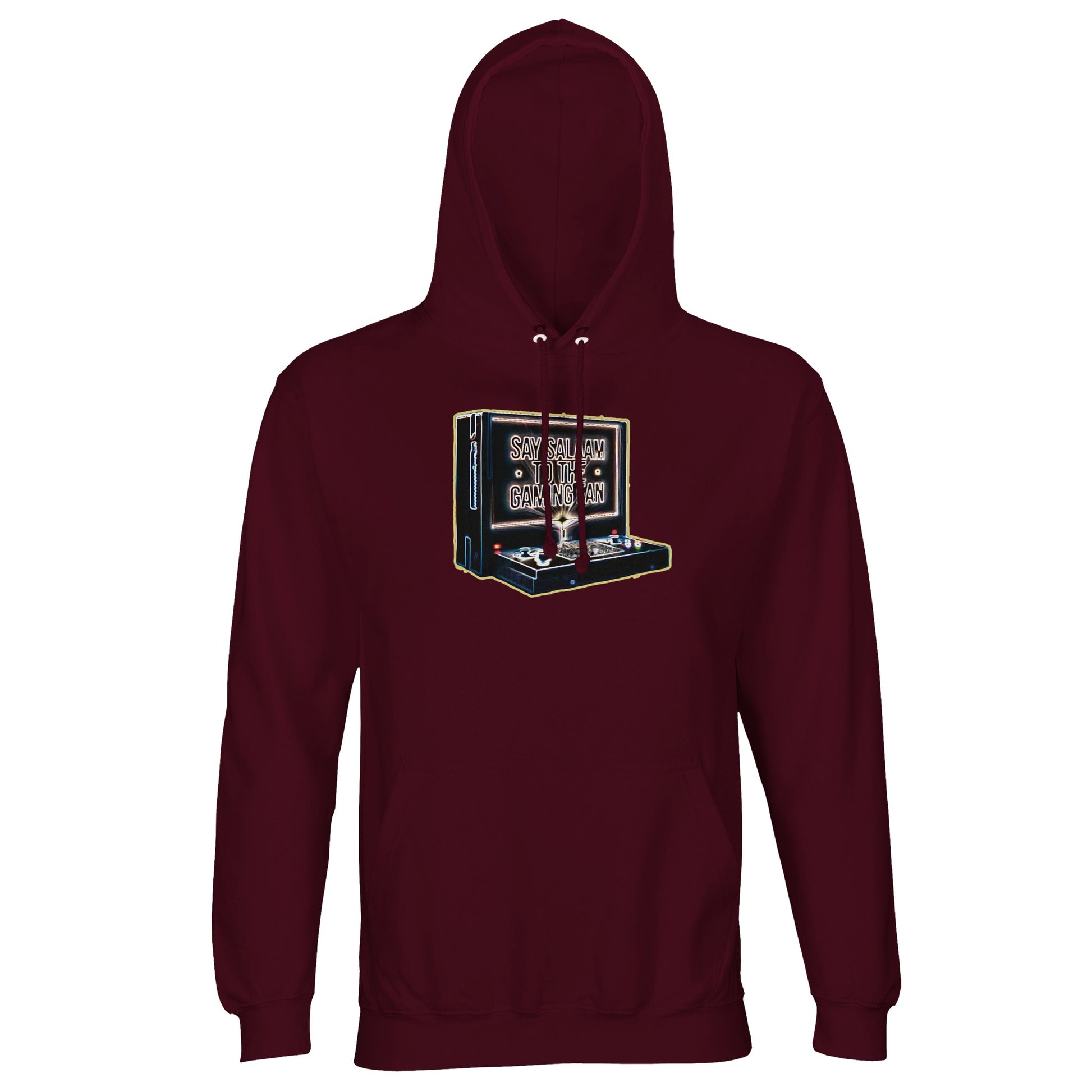Say Salaam to the Gaming Fan Design #3 Islamic Muslim gaming hoodie jumper in Burgundy / Dark Sienna. Made from a part-recycled cotton-poly fleece blend with brushed interior, lined hood and ribbed hem, this Islamic gamer hoodie supports comfort across extended gaming sessions. Designed for Muslim esports enthusiasts and console players on PlayStation, Xbox and PC, it merges Islamic streetwear with multiplayer culture. A rich-toned Islamic jumper at a good price for FIFA tournaments & Call of Duty matches.