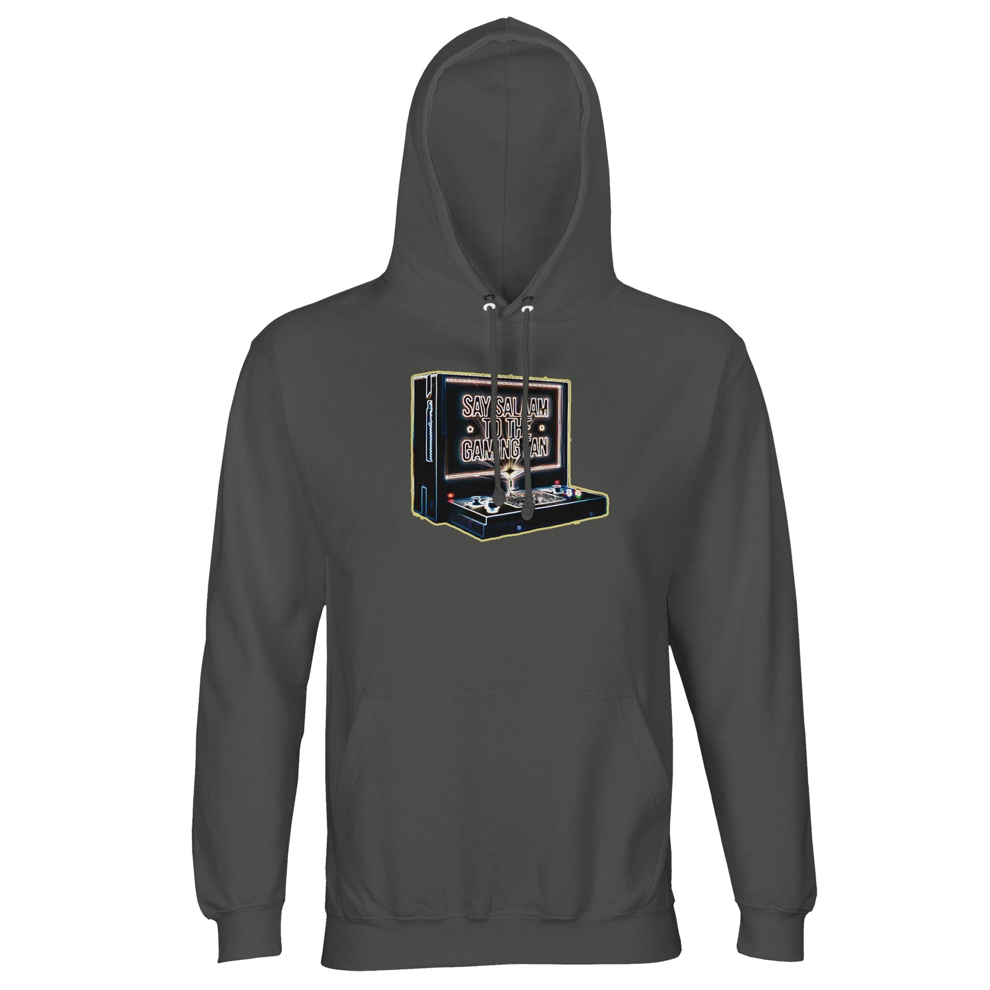Say Salaam to the Gaming Fan Design #3 Islamic Muslim gaming hoodie jumper in Charcoal Melange / Black Cow. This part-recycled cotton-poly fleece hoodie features a soft brushed interior, ribbed trims and a lined hood for warmth in gaming. Designed for Muslim esports fans and console players across PlayStation, Xbox and PC platforms, it combines Islamic streetwear identity with modern gaming culture. A durable jumper at a good price, ideal for streaming, multiplayer, FIFA leagues and Call of Duty battles.