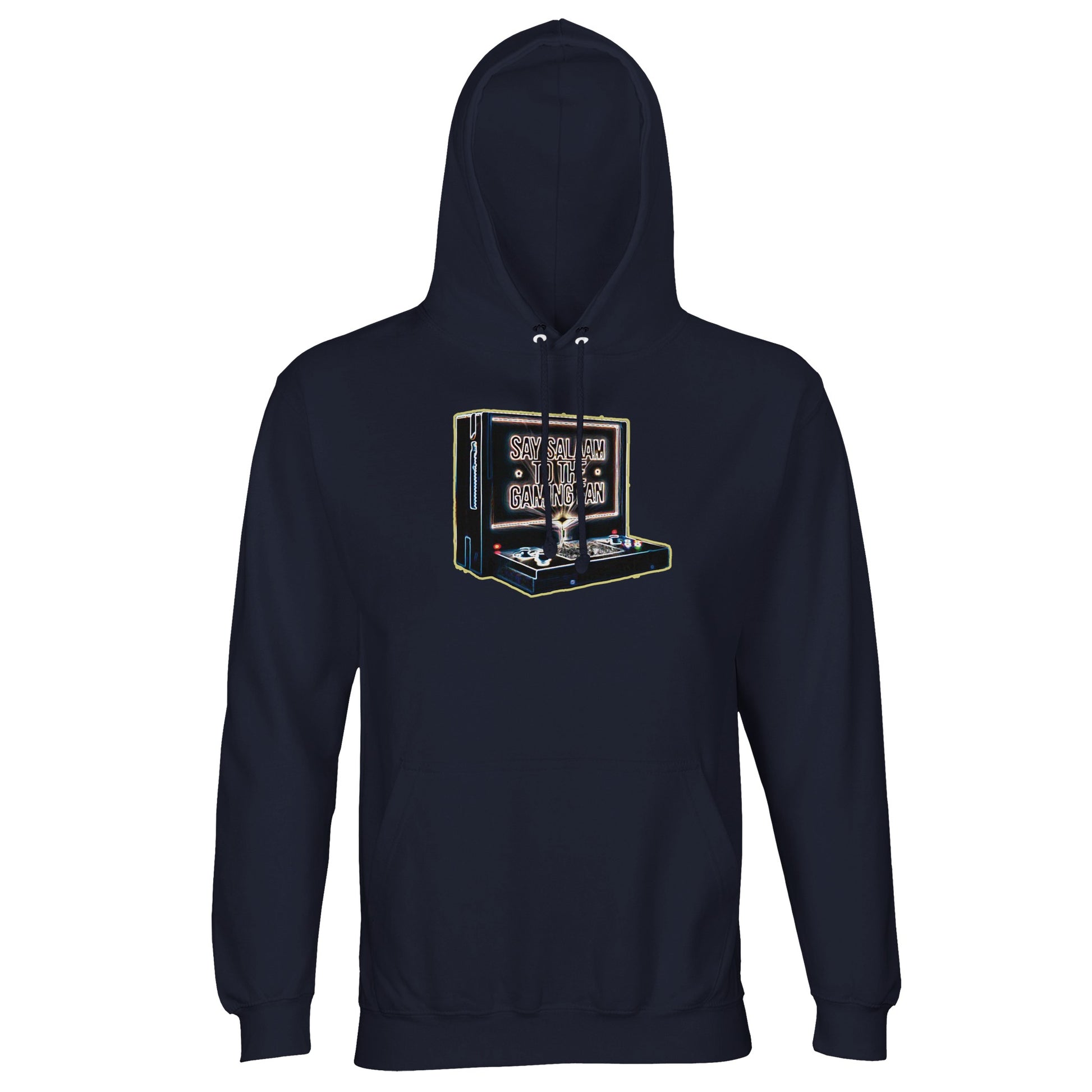 Say Salaam to the Gaming Fan Design #3 Islamic Muslim gaming hoodie jumper in French Navy / Ebony Clay. Featuring a soft brushed fleece lining, ribbed cuffs & durable cotton-poly construction, this gaming hoodie blends modest Muslim identity with esports style. Ideal for console gaming, PC multiplayer and streaming, it delivers warmth and structure throughout long competitive sessions. A classic Islamic jumper at a good price for PlayStation, Xbox, FIFA tournaments, Call of Duty battles & gamer streetwear.