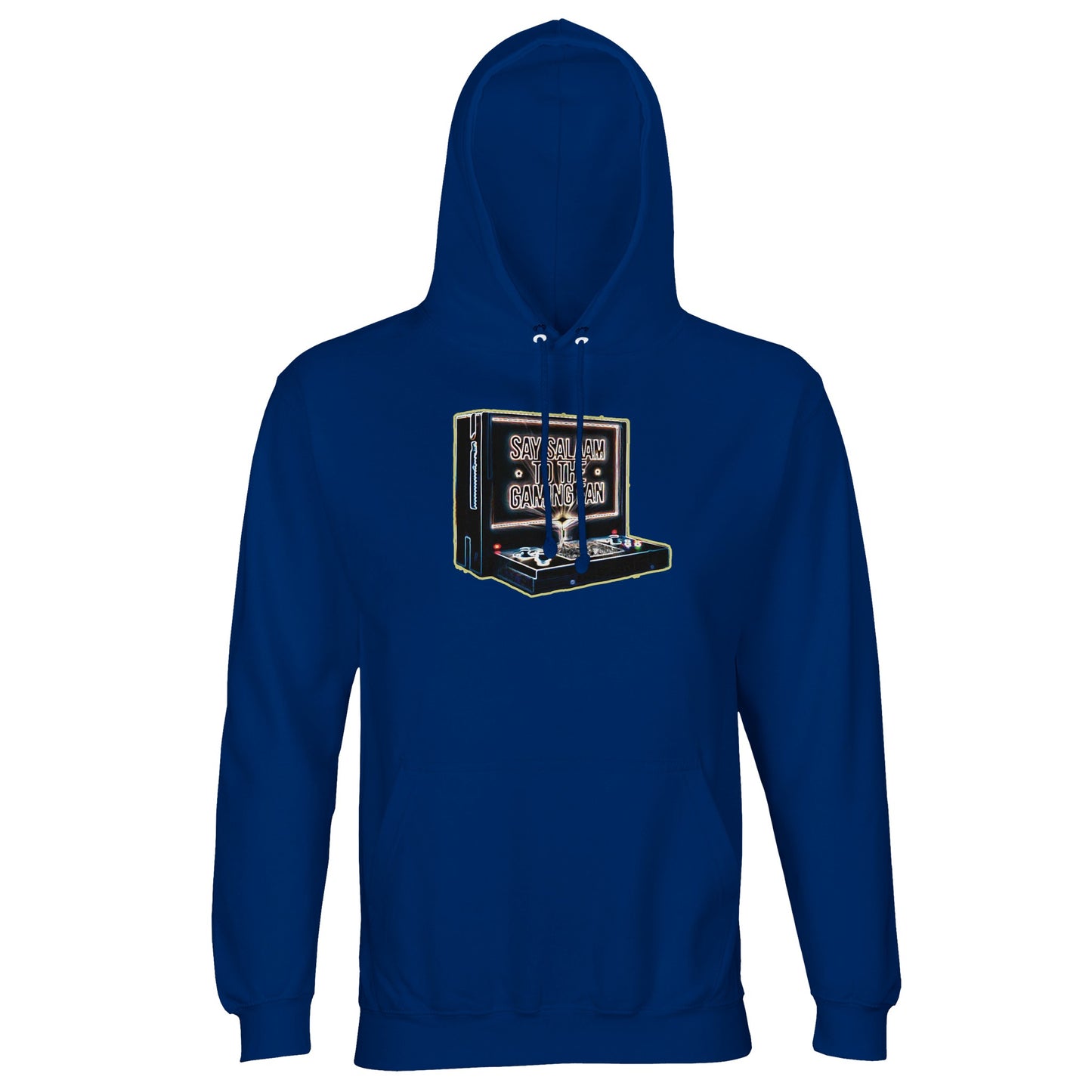 Say Salaam to the Gaming Fan Design #3 Islamic Muslim gaming hoodie jumper in Royal Blue / Dark Midnight Blue. This part-recycled cotton-poly fleece hoodie offers brushed interior warmth, ribbed trims & a lined hood for lasting comfort. Designed for Muslim gamers engaged in esports, multiplayer console gaming and PC competition, it connects Islamic streetwear with global gaming culture. A bold Islamic jumper at a good price for PlayStation, Xbox, FIFA leagues, Call of Duty sessions & online streaming nights