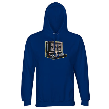 Say Salaam to the Gaming Fan Design #3 Islamic Muslim gaming hoodie jumper in Royal Blue / Dark Midnight Blue. This part-recycled cotton-poly fleece hoodie offers brushed interior warmth, ribbed trims & a lined hood for lasting comfort. Designed for Muslim gamers engaged in esports, multiplayer console gaming and PC competition, it connects Islamic streetwear with global gaming culture. A bold Islamic jumper at a good price for PlayStation, Xbox, FIFA leagues, Call of Duty sessions & online streaming nights
