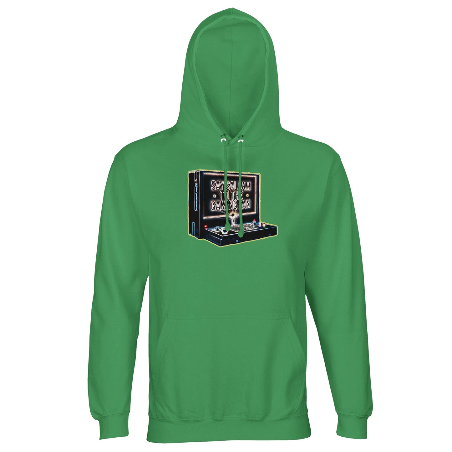 Say Salaam to the Gaming Fan Design #3 Islamic Muslim gaming hoodie jumper in Spring Green / Sea Green / Eucalyptus. Made from a part-recycled cotton and polyester blend with brushed fleece interior, this warm Islamic gamer hoodie delivers comfort through ribbed trims and a lined hood. Perfect for Muslim esports fans, console & PC gamers, it fits seamlessly into streaming, multiplayer tournaments & casual streetwear looks. A bold jumper at a good price, built for FIFA, Call of Duty & online gaming culture.