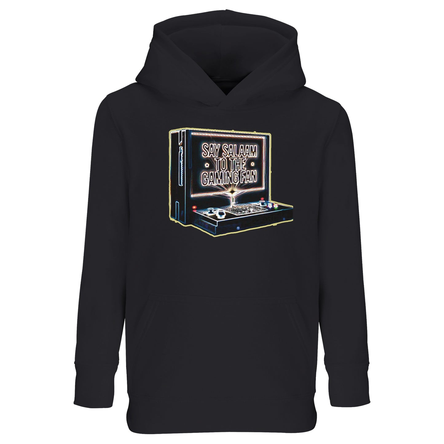 Deep Black / Zeus – Say Salaam to the Gaming Fan Design #3 Part-Recycled Cotton-Poly Kids Hoodie in Deep Black / Zeus. A modest Muslim and Islamic streetwear hoodie for young gamers who greet rivals with respect before kick-off. Made from a soft cotton and recycled polyester blend with brushed fleece lining for warmth, durability & everyday comfort. Ideal for school, youth esports tournaments, masjid programmes, Eid gatherings & weekend gaming sessions, blending sportsmanship & confident Islamic identity.