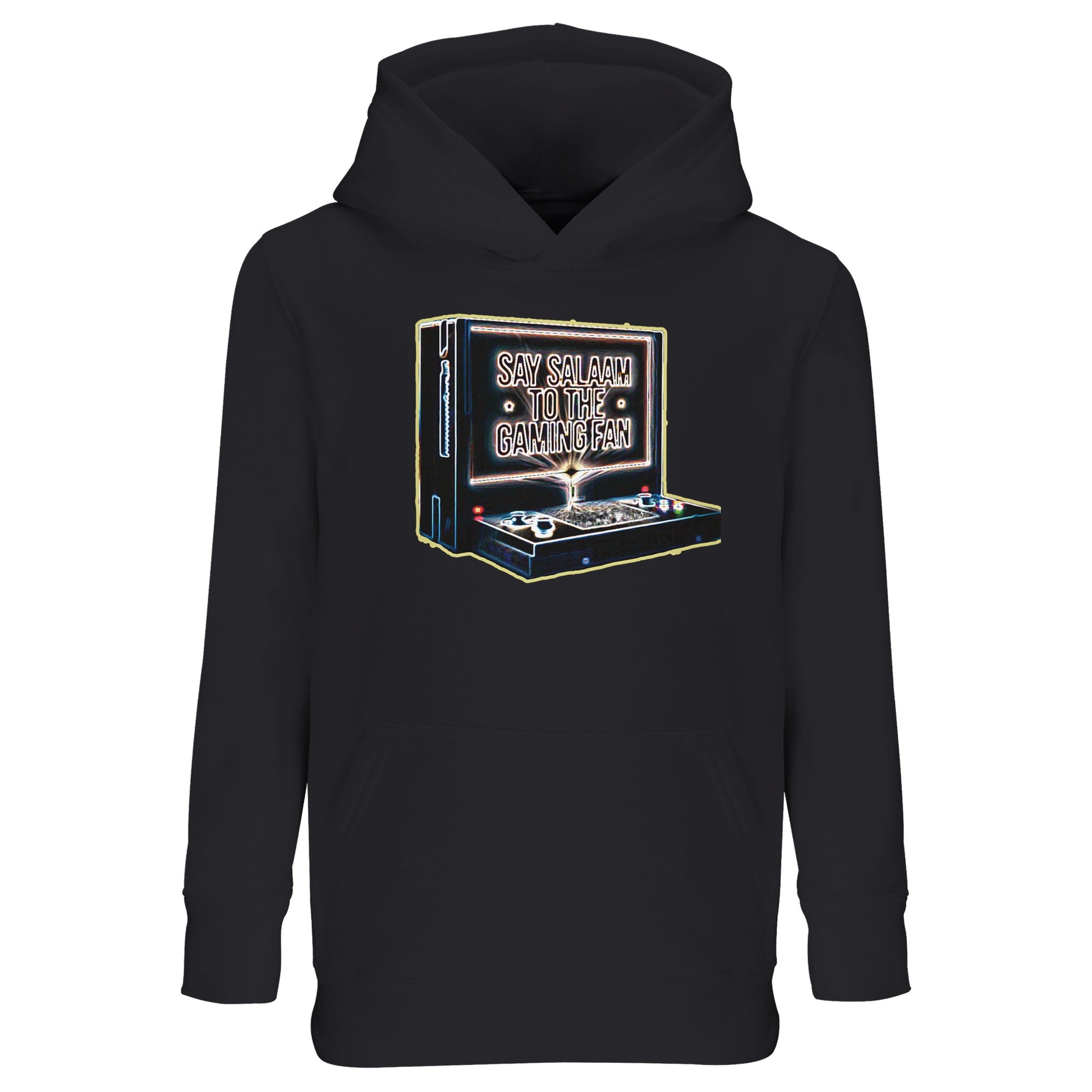Deep Black / Zeus – Say Salaam to the Gaming Fan Design #3 Part-Recycled Cotton-Poly Kids Hoodie in Deep Black / Zeus. A modest Muslim and Islamic streetwear hoodie for young gamers who greet rivals with respect before kick-off. Made from a soft cotton and recycled polyester blend with brushed fleece lining for warmth, durability & everyday comfort. Ideal for school, youth esports tournaments, masjid programmes, Eid gatherings & weekend gaming sessions, blending sportsmanship & confident Islamic identity.