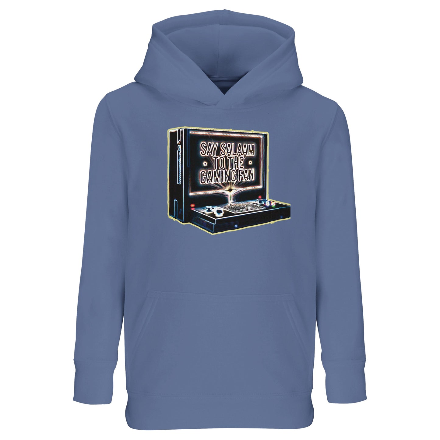 Blue / Marble Blue / Blue-Grey / Waikawa Grey – Say Salaam to the Gaming Fan Design #3 Part-Recycled Cotton-Poly Kids Hoodie in Blue / Marble Blue / Blue-Grey / Waikawa Grey. Designed for Muslim gaming fans who value skill and character equally. Crafted from cotton and recycled polyester with a brushed fleece interior for warmth and resilience. A relaxed, modest fit for school days, youth leagues, gaming clubs and family events, celebrating esports ambition, console pride & respectful Islamic values.
