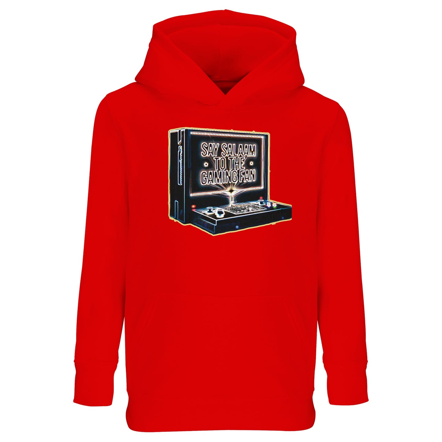 Bright Red / Rosso Corsa – Say Salaam to the Gaming Fan Design #3 Part-Recycled Cotton-Poly Kids Hoodie in Bright Red / Rosso Corsa. A bold Muslim and Islamic-inspired hoodie for confident young gamers who compete with passion and greet peacefully. Constructed from a cotton and recycled polyester blend with brushed fleece for warmth & durability. Perfect for tournaments, youth clubs, Eid celebrations and after-school gaming sessions, combining modest streetwear, esports culture & positive Islamic character.