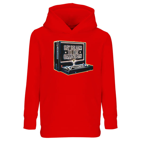 Bright Red / Rosso Corsa – Say Salaam to the Gaming Fan Design #3 Part-Recycled Cotton-Poly Kids Hoodie in Bright Red / Rosso Corsa. A bold Muslim and Islamic-inspired hoodie for confident young gamers who compete with passion and greet peacefully. Constructed from a cotton and recycled polyester blend with brushed fleece for warmth & durability. Perfect for tournaments, youth clubs, Eid celebrations and after-school gaming sessions, combining modest streetwear, esports culture & positive Islamic character.