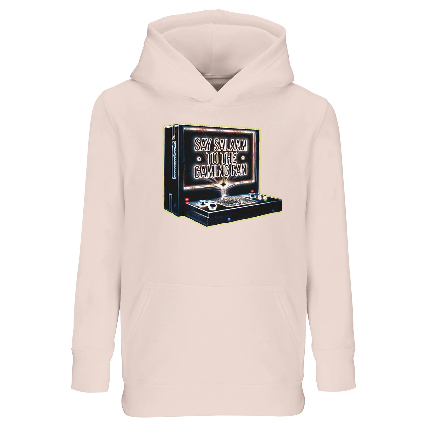 Creamy Pink / Oyster Pink – Say Salaam to the Gaming Fan Design #3 Part-Recycled Cotton-Poly Kids Hoodie in Creamy Pink / Oyster Pink. A soft Muslim and Islamic streetwear piece for young gaming fans who value respect and teamwork. Crafted from cotton and recycled polyester with brushed fleece lining for warmth and durability. Ideal for school clubs, youth tournaments, family gatherings and gaming nights, blending modest youth style, console enthusiasm and positive Islamic identity.