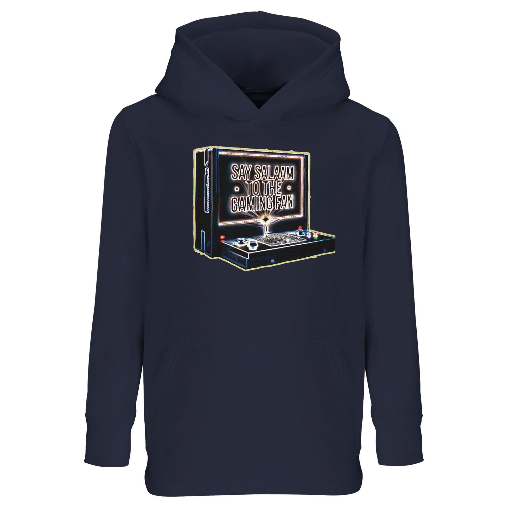 French Navy / Ebony Clay – Say Salaam to the Gaming Fan Design #3 Part-Recycled Cotton-Poly Kids Hoodie in French Navy / Ebony Clay. A classic Muslim and Islamic streetwear staple for respectful young gamers. Made from cotton and recycled polyester with brushed fleece lining and a comfortable relaxed fit for active movement. Suitable for school, masjid youth circles, esports competitions and family gatherings, blending modest fashion, console gaming enthusiasm and strong Islamic identity.