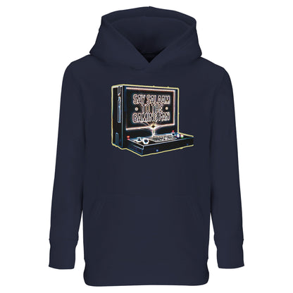 French Navy / Ebony Clay – Say Salaam to the Gaming Fan Design #3 Part-Recycled Cotton-Poly Kids Hoodie in French Navy / Ebony Clay. A classic Muslim and Islamic streetwear staple for respectful young gamers. Made from cotton and recycled polyester with brushed fleece lining and a comfortable relaxed fit for active movement. Suitable for school, masjid youth circles, esports competitions and family gatherings, blending modest fashion, console gaming enthusiasm and strong Islamic identity.
