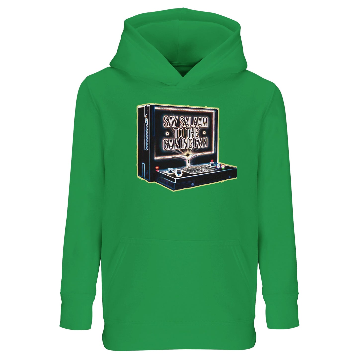 Spring Green / Sea Green / Eucalyptus – Say Salaam to the Gaming Fan Design #3 Part-Recycled Cotton-Poly Kids Hoodie in Spring Green / Sea Green / Eucalyptus. A vibrant Muslim and Islamic-inspired hoodie for energetic young gamers. Made from a cotton and recycled polyester blend with brushed fleece interior for cosy warmth and resilience. Great for playground matches, youth tournaments, masjid activities and family outings, combining modest youth fashion, console culture and respectful Islamic values.