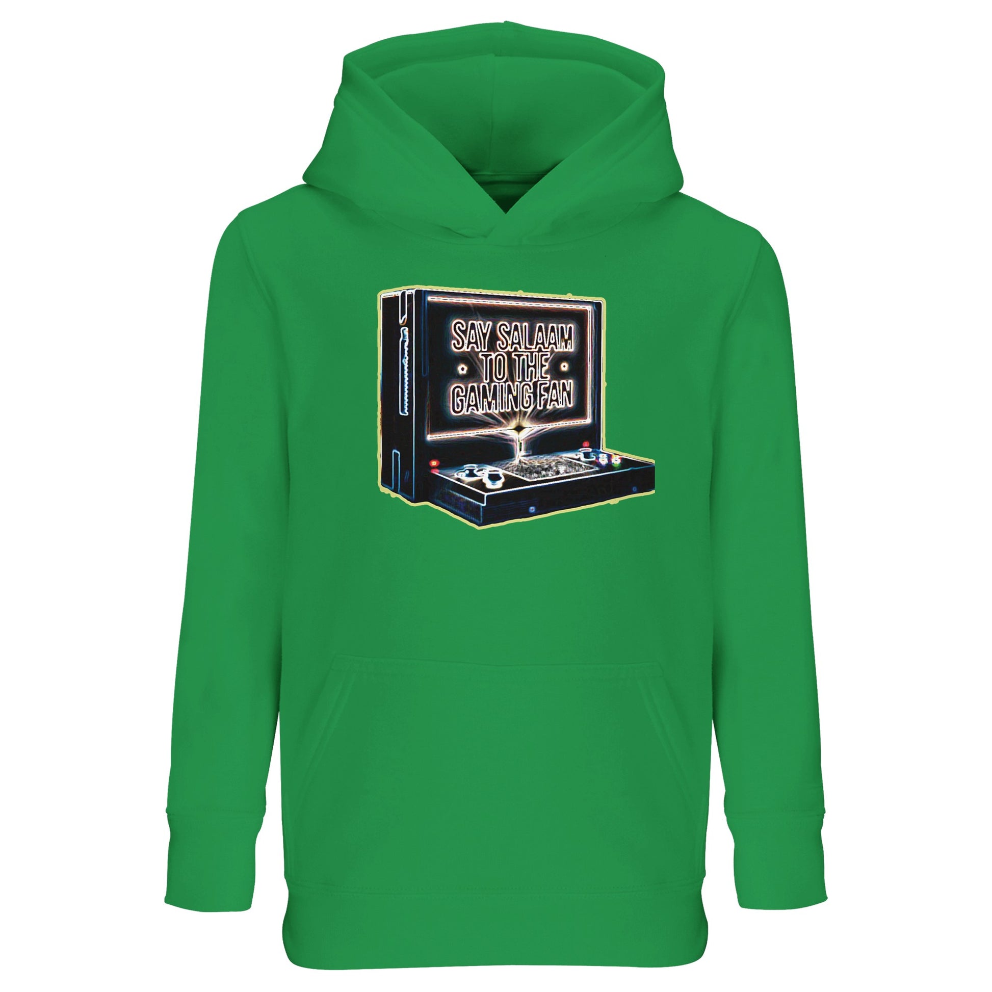 Spring Green / Sea Green / Eucalyptus – Say Salaam to the Gaming Fan Design #3 Part-Recycled Cotton-Poly Kids Hoodie in Spring Green / Sea Green / Eucalyptus. A vibrant Muslim and Islamic-inspired hoodie for energetic young gamers. Made from a cotton and recycled polyester blend with brushed fleece interior for cosy warmth and resilience. Great for playground matches, youth tournaments, masjid activities and family outings, combining modest youth fashion, console culture and respectful Islamic values.