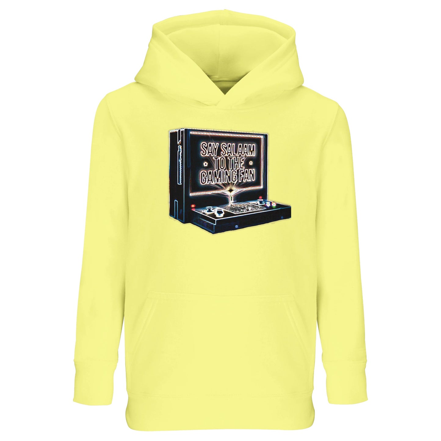 Light Yellow / Lemon Chiffon – Say Salaam to the Gaming Fan Design #3 Part-Recycled Cotton-Poly Kids Hoodie in Light Yellow / Lemon Chiffon. A bright Muslim and Islamic streetwear option for young gaming fans who lead with good manners. Crafted from cotton and recycled polyester with brushed fleece lining for warmth and comfort. Perfect for school days, Eid gatherings, youth leagues and gaming sessions, blending esports ambition, modest style and confident Islamic identity.
