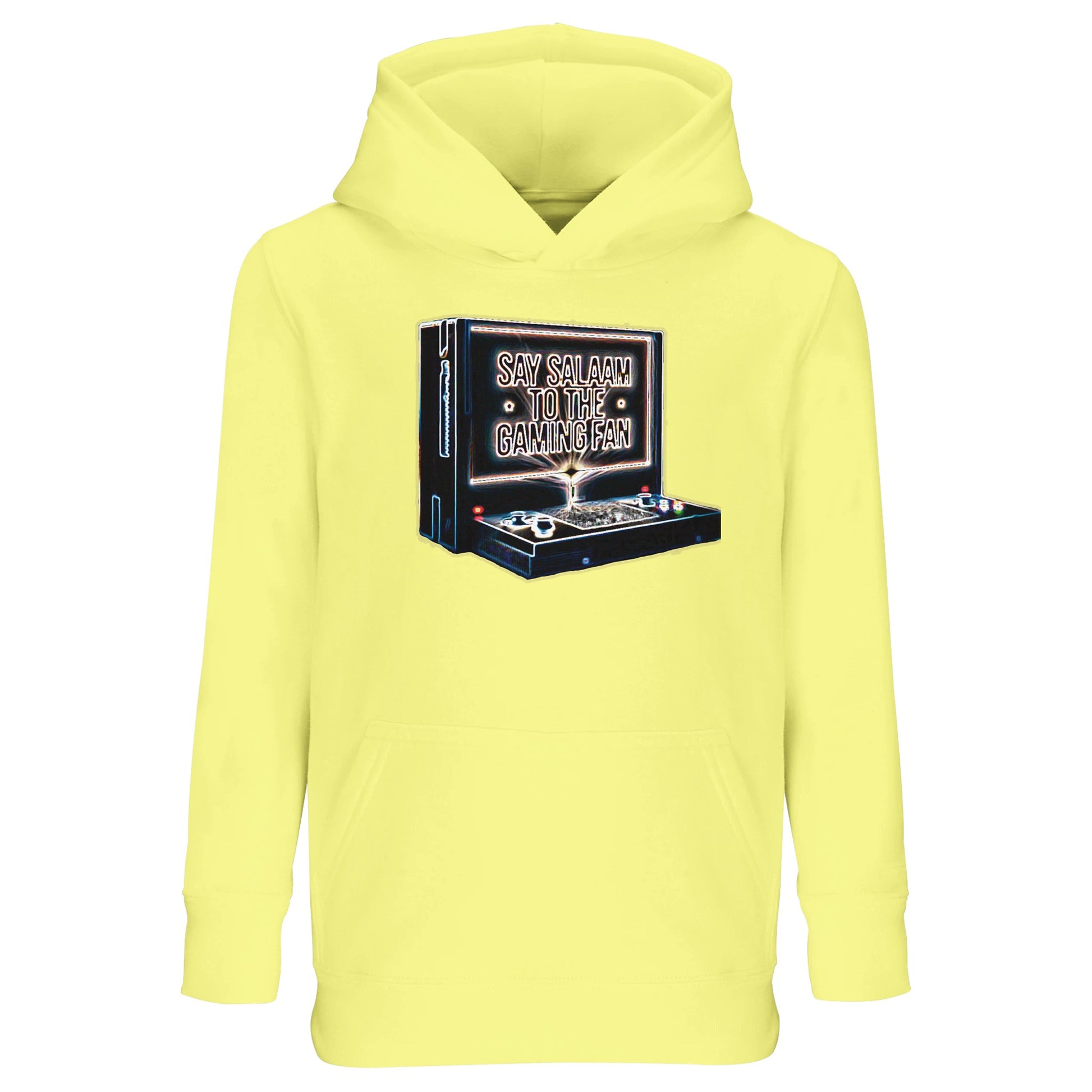 Light Yellow / Lemon Chiffon – Say Salaam to the Gaming Fan Design #3 Part-Recycled Cotton-Poly Kids Hoodie in Light Yellow / Lemon Chiffon. A bright Muslim and Islamic streetwear option for young gaming fans who lead with good manners. Crafted from cotton and recycled polyester with brushed fleece lining for warmth and comfort. Perfect for school days, Eid gatherings, youth leagues and gaming sessions, blending esports ambition, modest style and confident Islamic identity.