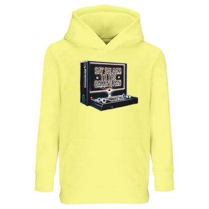 Light Yellow / Lemon Chiffon – Say Salaam to the Gaming Fan Design #3 Part-Recycled Cotton-Poly Kids Hoodie in Light Yellow / Lemon Chiffon. A bright Muslim and Islamic streetwear option for young gaming fans who lead with good manners. Crafted from cotton and recycled polyester with brushed fleece lining for warmth and comfort. Perfect for school days, Eid gatherings, youth leagues and gaming sessions, blending esports ambition, modest style and confident Islamic identity.