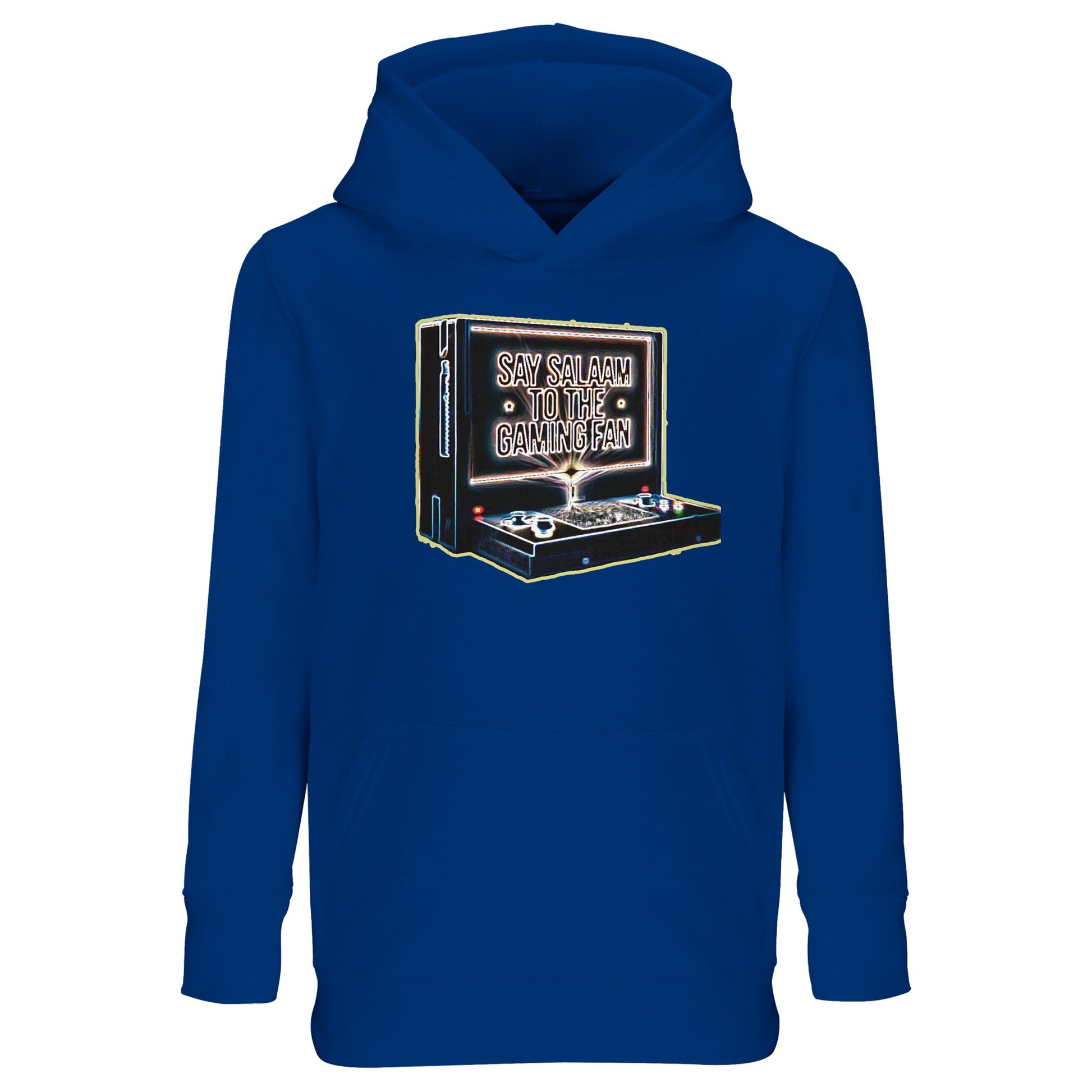 Royal Blue / Dark Midnight Blue – Say Salaam to the Gaming Fan Design #3 Part-Recycled Cotton-Poly Kids Hoodie in Royal Blue / Dark Midnight Blue. A standout Muslim and Islamic hoodie for ambitious young gamers. Constructed from cotton and recycled polyester with brushed fleece for lasting comfort and durability. Ideal for esports clubs, school tournaments, masjid programmes and family events, merging modest streetwear, console gaming pride and positive Islamic character.