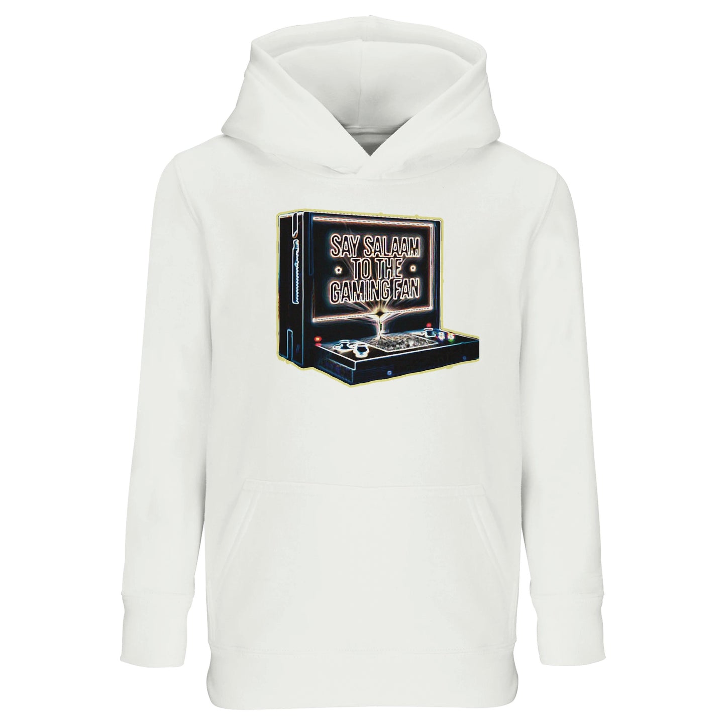 White / Platinum – Say Salaam to the Gaming Fan Design #3 Part-Recycled Cotton-Poly Kids Hoodie in White / Platinum. A clean Muslim and Islamic-inspired hoodie for young gamers who greet competitors with Salaam before play. Made from cotton and recycled polyester with brushed fleece for warmth and softness. Suitable for school, youth gaming leagues, Eid occasions and weekend matches, combining modest fashion, esports culture and respectful Islamic sportsmanship.
