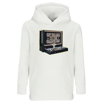 White / Platinum – Say Salaam to the Gaming Fan Design #3 Part-Recycled Cotton-Poly Kids Hoodie in White / Platinum. A clean Muslim and Islamic-inspired hoodie for young gamers who greet competitors with Salaam before play. Made from cotton and recycled polyester with brushed fleece for warmth and softness. Suitable for school, youth gaming leagues, Eid occasions and weekend matches, combining modest fashion, esports culture and respectful Islamic sportsmanship.