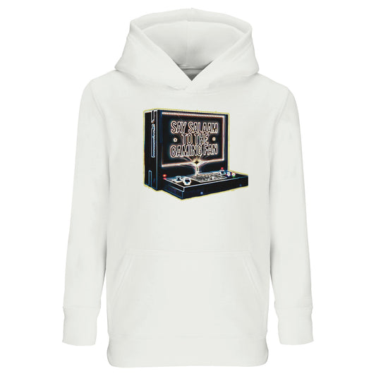 White / Platinum – Say Salaam to the Gaming Fan Design #3 Part-Recycled Cotton-Poly Kids Hoodie in White / Platinum. A clean Muslim and Islamic-inspired hoodie for young gamers who greet competitors with Salaam before play. Made from cotton and recycled polyester with brushed fleece for warmth and softness. Suitable for school, youth gaming leagues, Eid occasions and weekend matches, combining modest fashion, esports culture and respectful Islamic sportsmanship.