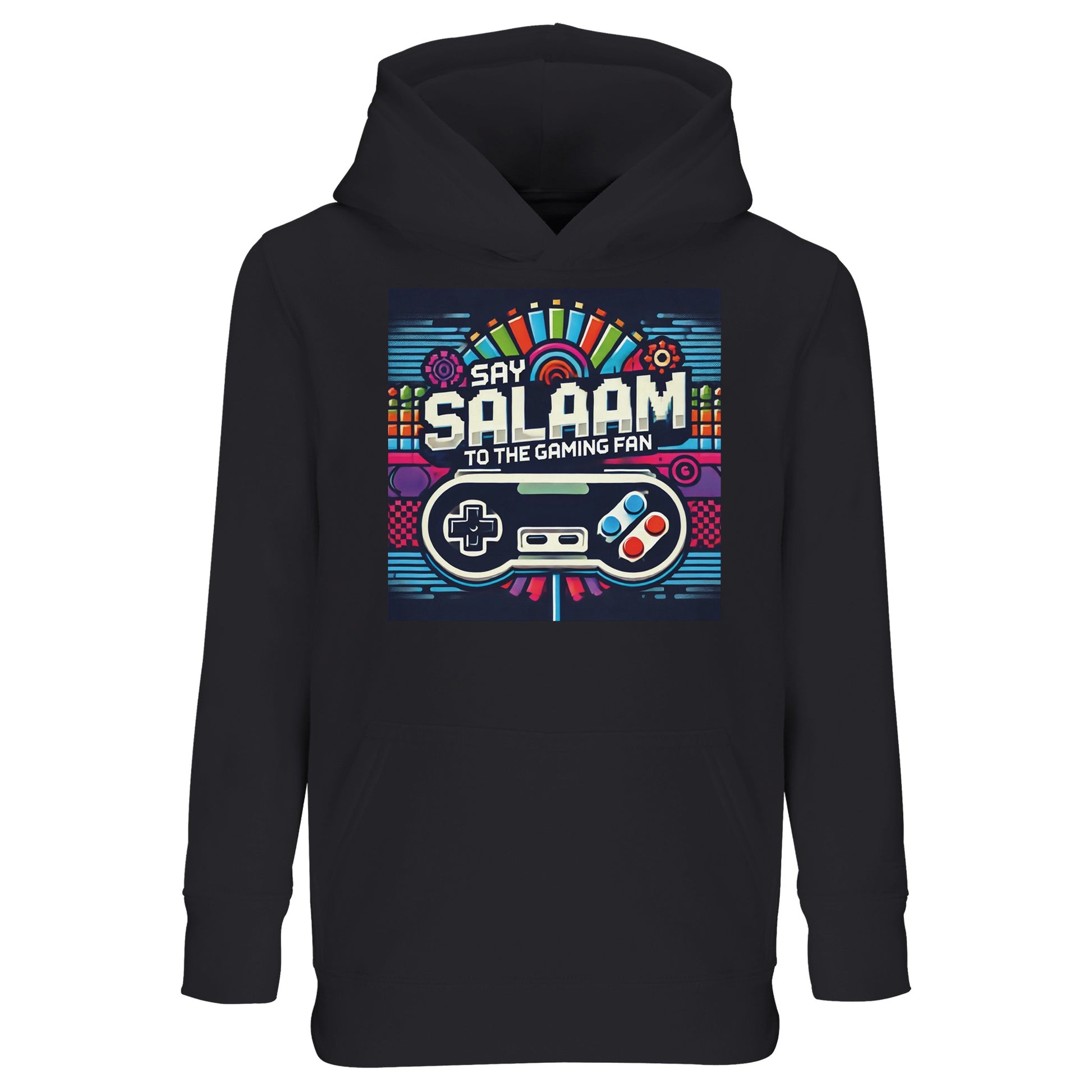 Say Salaam to the Gaming Fan Design #4 Part-Recycled Cotton-Poly Kids Hoodie in Black / Zeus. A sleek jumper for serious young gamers who favour late-night multiplayer, tactical play and competitive console action. Brushed fleece interior keeps them warm without overheating. Built from 80% cotton and 20% recycled polyester for comfort and resilience. Affordable price meets dependable quality, making it a strong pick for Muslim children who love esports, gaming fashion and modest Islamic everyday wear.