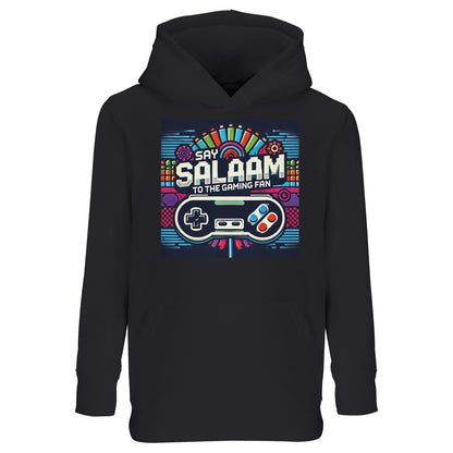 Say Salaam to the Gaming Fan Design #4 Part-Recycled Cotton-Poly Kids Hoodie in Black / Zeus. A sleek jumper for serious young gamers who favour late-night multiplayer, tactical play and competitive console action. Brushed fleece interior keeps them warm without overheating. Built from 80% cotton and 20% recycled polyester for comfort and resilience. Affordable price meets dependable quality, making it a strong pick for Muslim children who love esports, gaming fashion and modest Islamic everyday wear.
